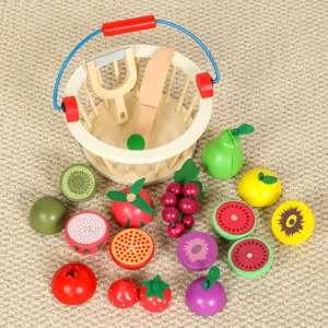 Wooden pretend play kitchen food cutting toys set with storage basket for kids toddlers.