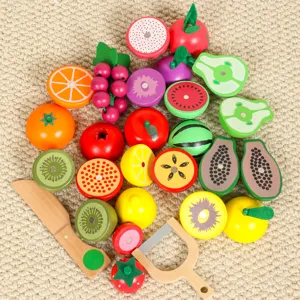 Wooden cutting fruit toy set for toddlers, safe kitchen pretend play food toys with knife and peeler.
