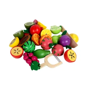 Wooden play food cutting toys set, colorful fruit and vegetables kitchen pretend play educational toys