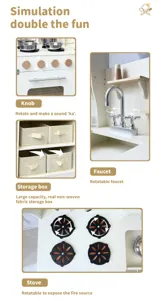 Détail de cuisine en bois pour enfants avec boutons interactifs, robinet rotatif et bacs de rangement.