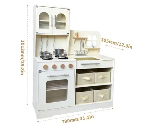 Ensemble de cuisine jouet en bois pour enfants avec paniers de rangement et dimensions.