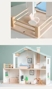 Wooden dollhouse detail showing miniature balcony and rooms, lovely pastel decor toys.