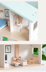 Detailed view of wooden dollhouse miniature furniture set, showcasing cute playhouse rooms.