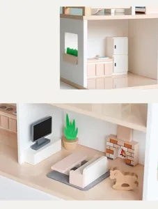 Wooden dollhouse furniture details display, miniature modern playset for kids interactive fun.