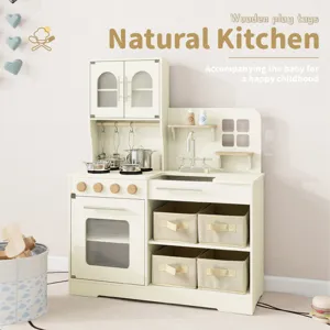 Jouet de Cuisine en Bois pour Enfants Simulation Cuisine Jouet Éducatif Avec Placard Évier Poêle et Ustensiles