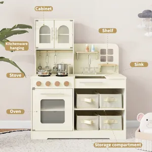 Cuisine jouet en bois pour enfants avec cuisinière, four, évier et grands compartiments.