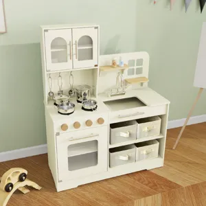Cuisine jouet en bois pour enfants, ensemble de cuisson interactif blanc avec accessoires.