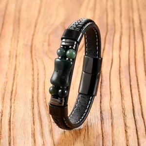 Men's vintage braided leather bracelet featuring stone beads and stainless steel magnetic clasp.