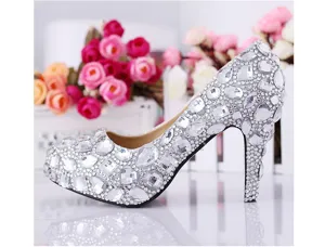 Rhinestone high heels detail shot showing sparkly crystal embellishments and platform.