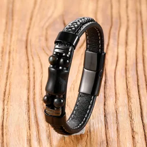 Retro braided leather bracelet for men with tiger eye beads and stainless steel clasp.