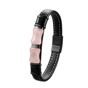 Black leather bracelet with natural pink crystal beads and stainless steel magnetic clasp.