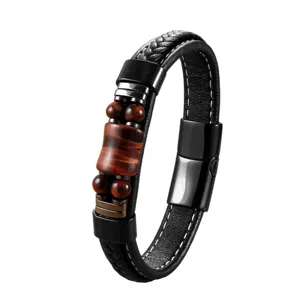Men's vintage woven leather bracelet with tiger eye stone beads and black magnetic clasp