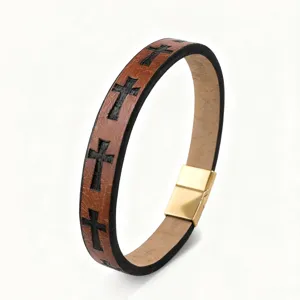 Retro leather cross bracelet for men with stainless steel magnetic clasp vintage wristband