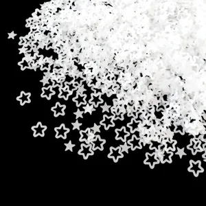 Close-up detail of white frosted hollow star sequins for resin filling and nail art DIY craft.