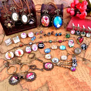 Set di gioielli in vetro cabochon fai da te vintage, collana anello portachiavi bronzo retro.
