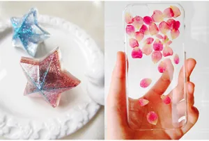 Handmade epoxy resin crystal glue DIY craft star and pressed flower clear phone case display