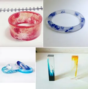 Epoxy resin crystal glue DIY handmade jewelry transparent bangle and resin block craft details.