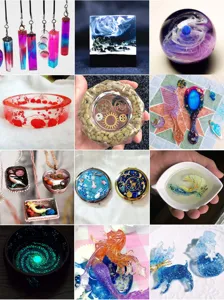 Epoxy resin craft detail showcase featuring handmade crystal pendants, spheres, and mirrors.