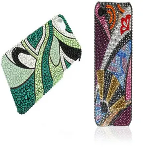 Close-up detail of handmade rhinestone phone case featuring colorful geometric crystal patterns.