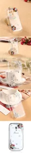 Gedetailleerd overzicht van doorzichtige strass telefoonhoes, fonkelend kristal bloemdesign.