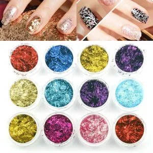 Detailed view of 12 jars of colorful laser nail art glitter strips and shiny flake supplies.