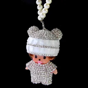 Rhinestone doll charm with pearl chain, sparkling crystal plush toy pendant for diy crafts.