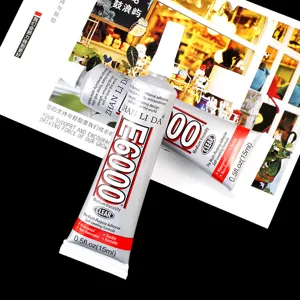 Detail shot of E6000 multi-purpose clear craft adhesive tube, 15ml medium viscosity waterproof glue.