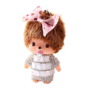 Rhinestone plush doll keychain detail, sparkling crystal clothes, cute brown furry pendant.