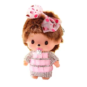 Cute rhinestone doll plush keychain accessory, fluffy toy pendant for bag or phone decoration.
