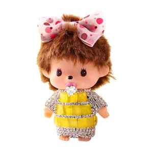 Cute plush doll pendant with bowknot and rhinestone dress, lovely collectible toy accessory.