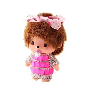 Cute plush doll keychain with pink bow and rhinestone dress, ideal accessory for bags.