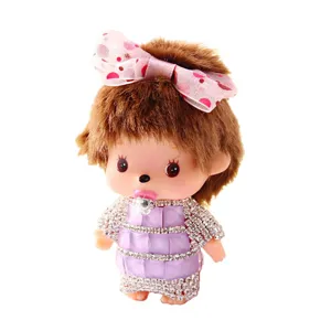 Cute plush doll pendant detail with rhinestone purple dress and pink bow hair accessory.