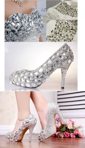Detailed view of sparkling rhinestones applied on wedding dress and high heel shoes.