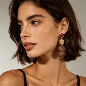 Pendientes Colgantes Étnicos Retro de Cuerda de Cáñamo Tejida Pendientes de Aleación de Zinc con Diamantes de Imitación para Mujer
