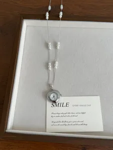 Pearl beaded chain necklace with heart watch pendant, trendy sweet and cool style jewelry.