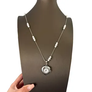 Chic heart-shaped watch pendant necklace with elegant pearl beaded chain for women fashion jewelry