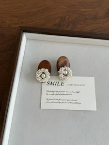 French vintage wooden geometric pearl flower earrings elegant sweet jewelry for women