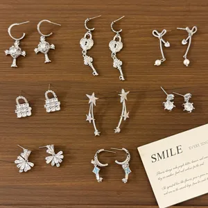 Alloy Rhinestone Cross Heart Earrings Bow Knot Tassel Drop Earrings Vintage Luxurious Jewelry For Women Elegant Star Lock Earrings