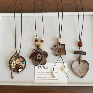 Handcrafted coconut shell cat necklace ethnic wooden beaded sweater chain boho jewelry vintage style