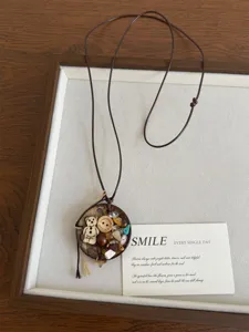 Retro coconut shell wooden bear necklace ethnic style crystal beaded sweater chain