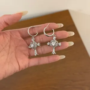 Silver cross drop earrings with sparkling cubic zirconia, gothic Y2K fashion jewelry for women.