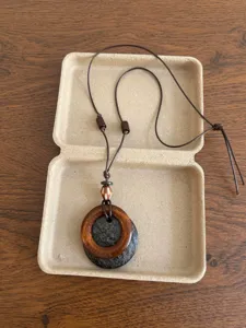 Retro Chinese style wooden beaded pendant necklace with adjustable brown cord ethnic jewelry