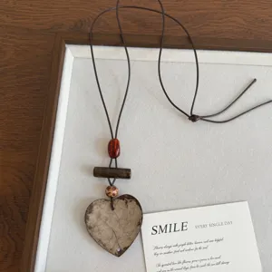 Vintage bohemian coconut shell wooden bead heart necklace adjustable sweater chain