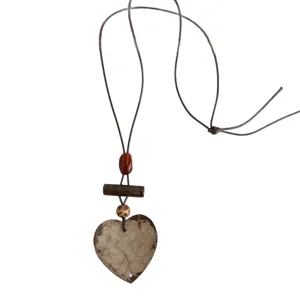 Retro Chinese style coconut shell heart pendant necklace with wooden beads and adjustable cord.