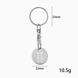 Stainless steel Gemini zodiac shopping cart token keychain detail showing size and weight specs.