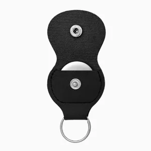 Black leather keychain protective case holder with metal snap button and keyring detail.