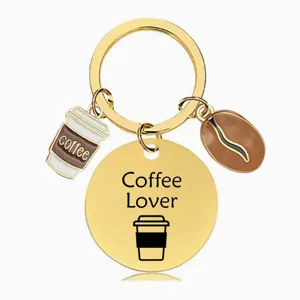 Goldfarbiger Kaffeeliebhaber Schlüsselanhänger mit Tassen- und Bohnen-Anhänger für Tasche.