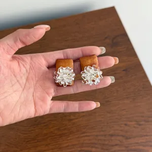 Vintage wooden square stud earrings with clear crystal flower clusters for women fashion jewelry