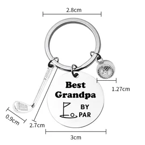 Stainless steel golf keychain gift for grandpa with club ball pendant and dimensions detail.