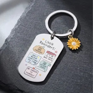 Stainless steel inspirational reminder keychain detail, with UV print quotes & sunflower.